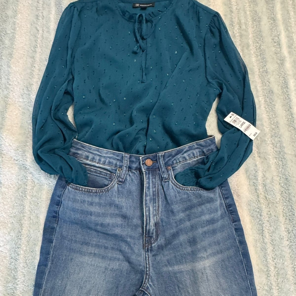 I.N.C. International Concepts Mosaic Green Blouse with Tie Front